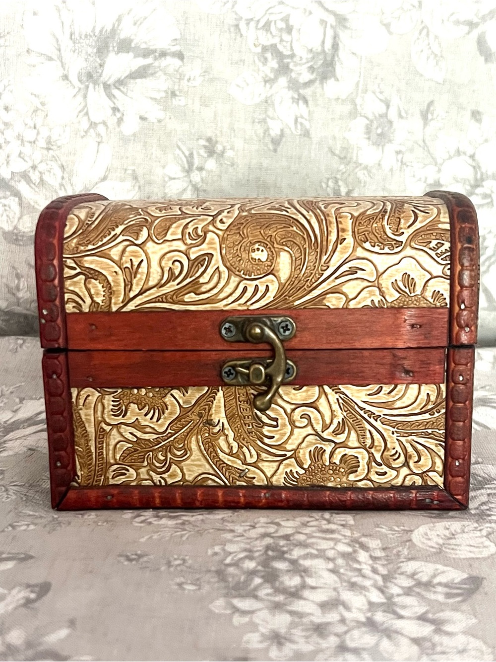 Vintage Style Tooled Faux Leather Mini Treasure Chest Jewelry Trinket Box - 5"